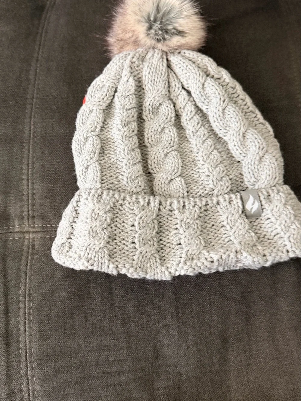 Heatwear Light Gray Cable Knit Pom Beanie for Women